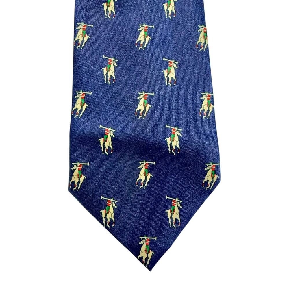 VTG Rene Chagal Polo Player Silk Neck Tie Navy Blue Equestrian Classic‎ Luxury